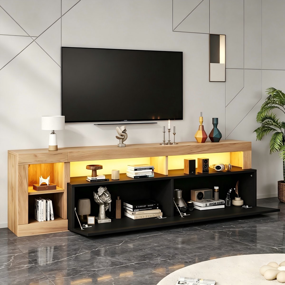 Wishdor TV meubel - 184 cm breed - LED verlichting - Open vakken en kleppen - Modern design - Zwart en houtkleur - Spaanplaat