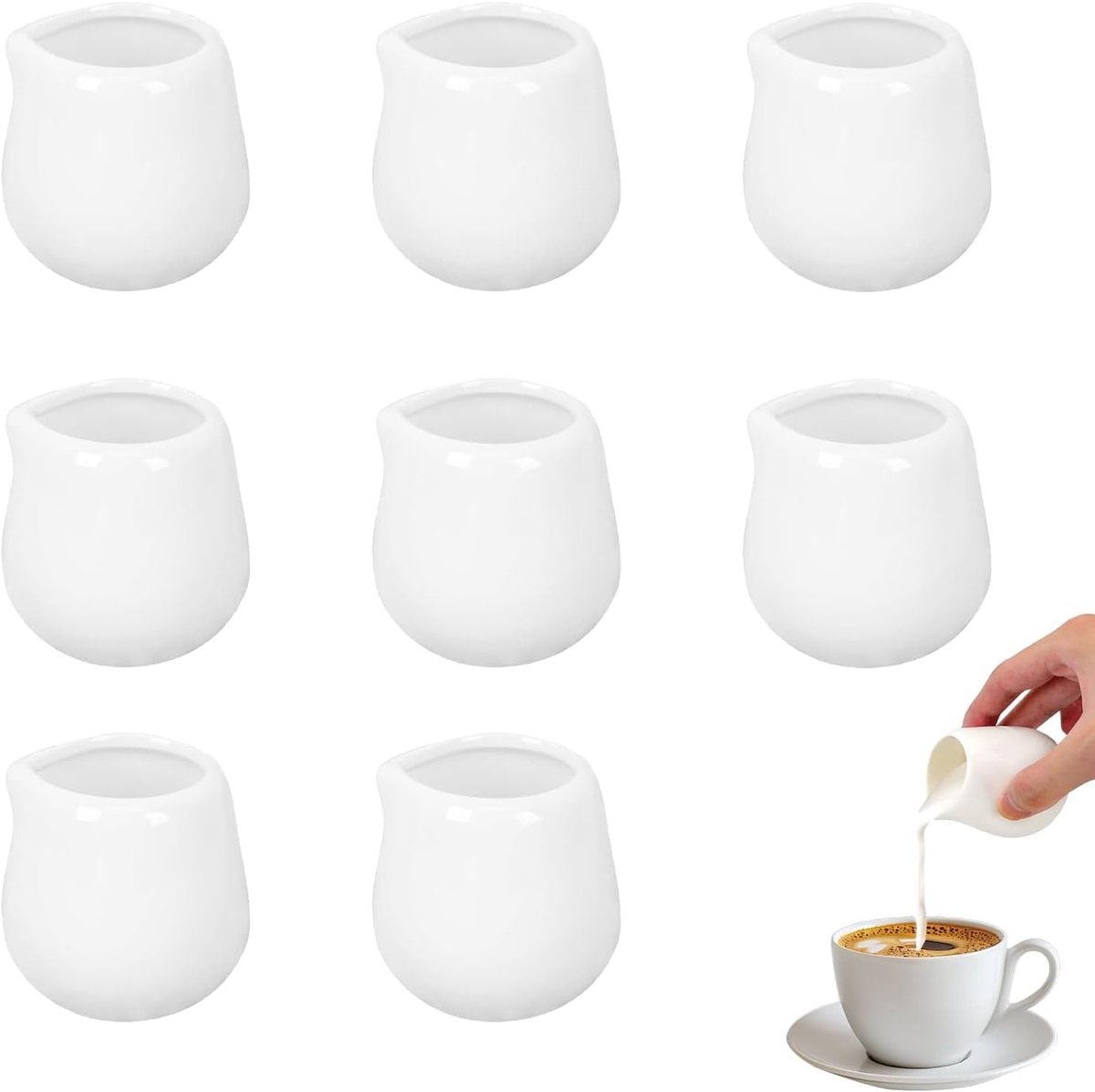 Set van 8 witte keramische melkkannetjes 50 ml, compacte schenkpotjes voor melk, room, siropen en sauzen