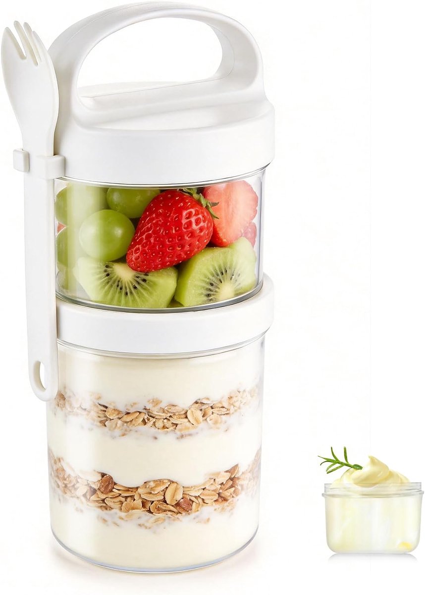 Lunchpot - Yoghurt beker to go - Met Lepel - 560ML + 360ML - Muesli beker to go - Lunchbeker - Schoolbeker - Salade to go - Meeneem Mueslibeker - Lunch to go - Overnight Oats Potjes - Saladebox - Wit