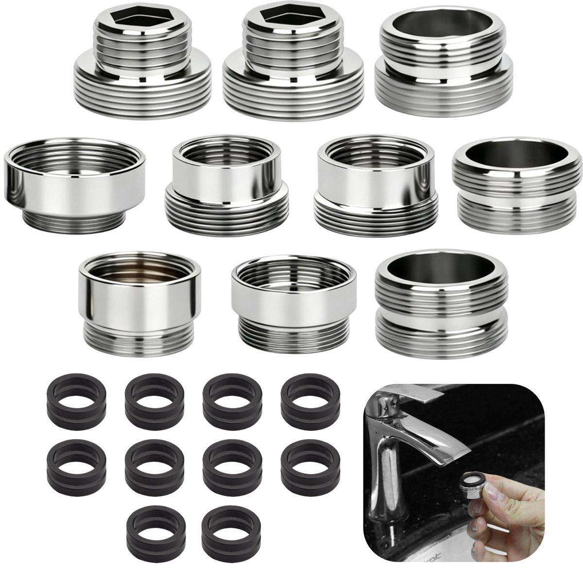 10-delig waterkraan adapter set met 20 afdichtingen