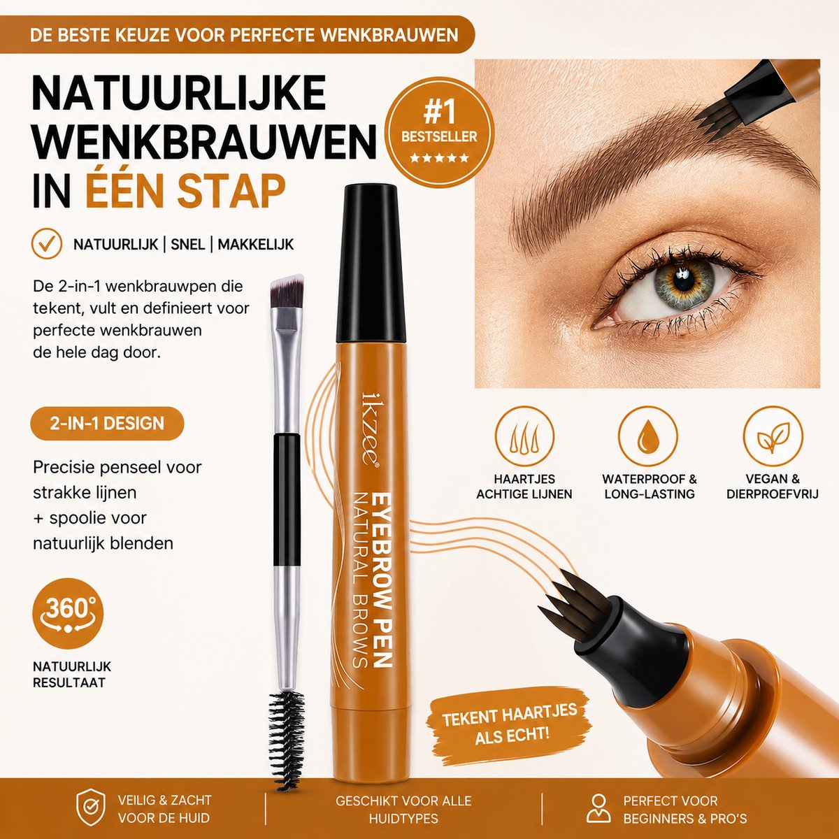 IKZEE Waterproof 4-Punts Wenkbrauwpotlood – Lichtbruin | Natuurlijk Haar-Effect & Langhoudend
