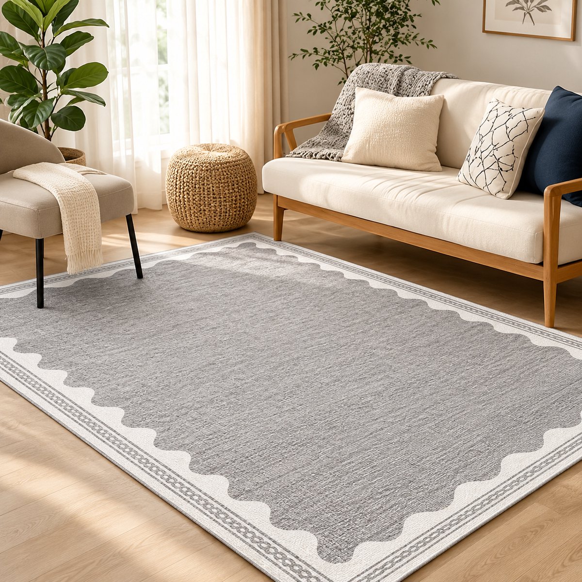 Vloerkleed voor woonkamer, slaapkamer, washable, antislip, laagpolig, moderne schelpvorm, opvouwbaar