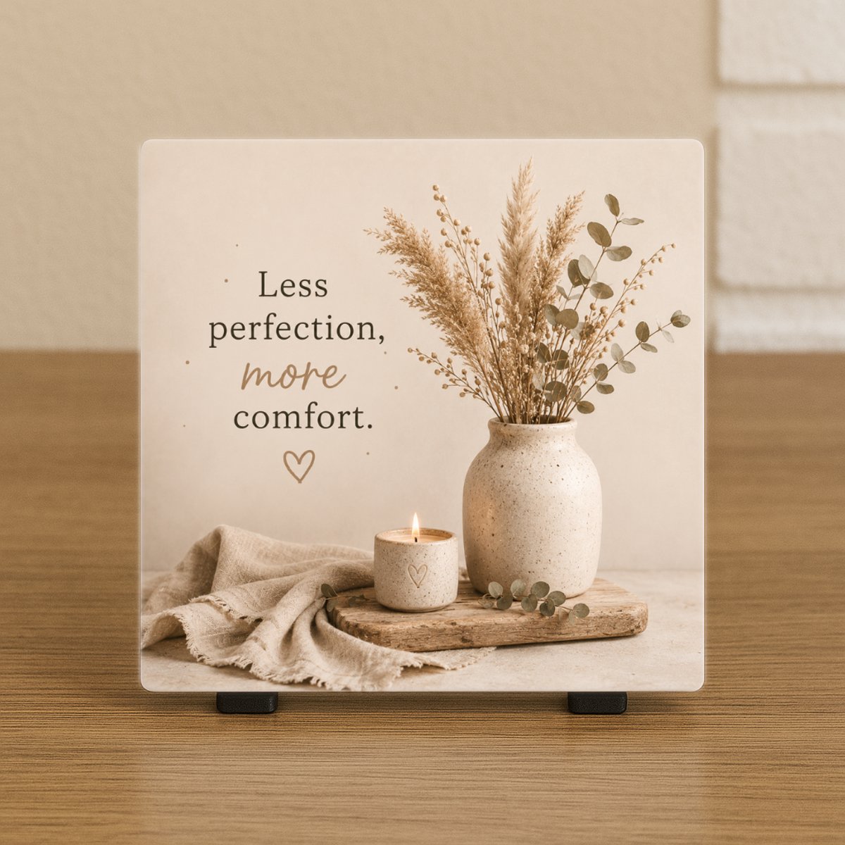 CreaCraft Spreuktegel “Less perfection more comfort” – Cadeau tegeltje – Trendy nu – Woondecoratie – Vriend(in), familie, collega – Zomaar – Incl standaard – Cadeau idee – Wenstegeltje