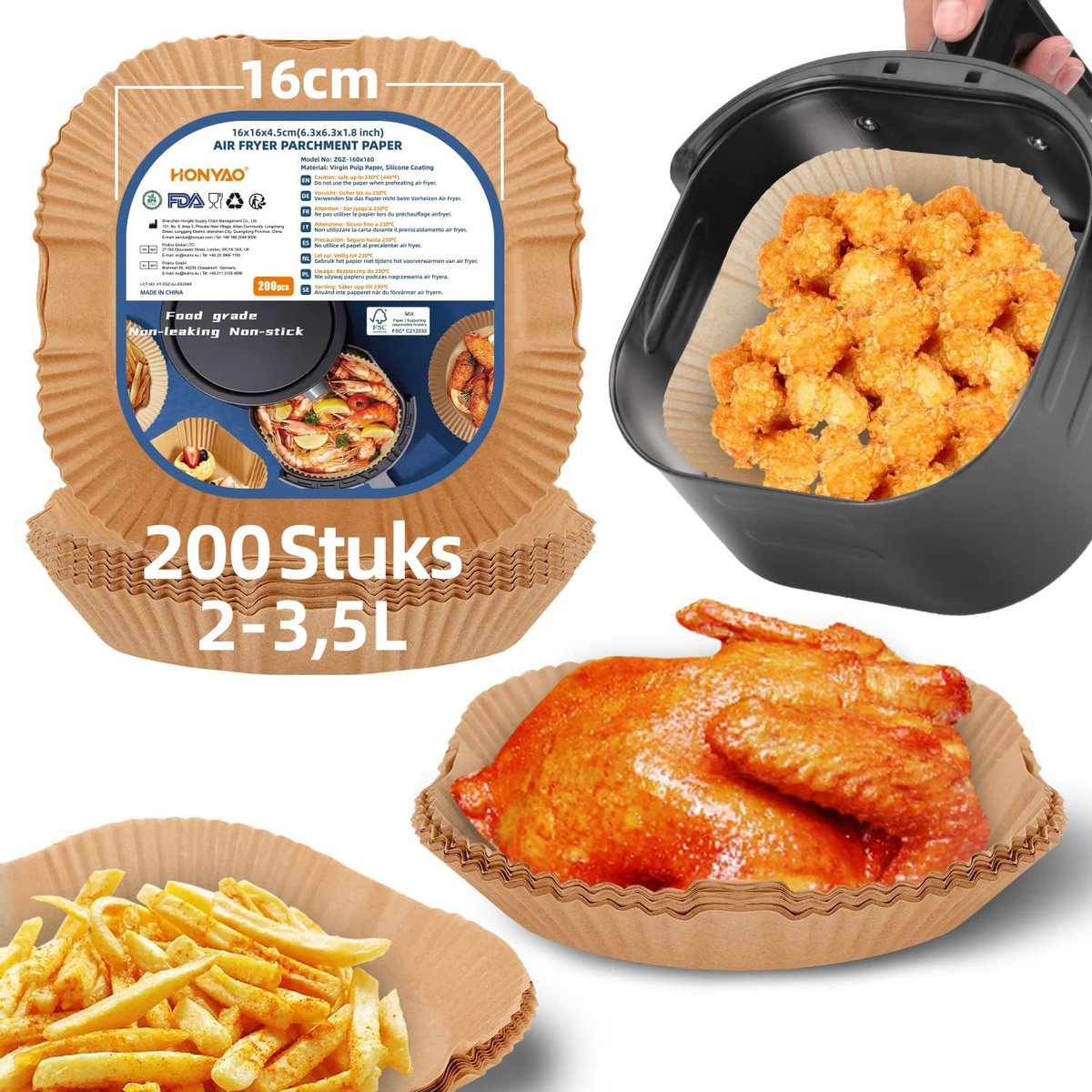 Airfryer bakpapier 16x16 cm – 200 stuks wegwerp, vierkant, non-stick, hittebestendig tot 230°C, BPA-vrij, voor airfryer 2-3,5 liter