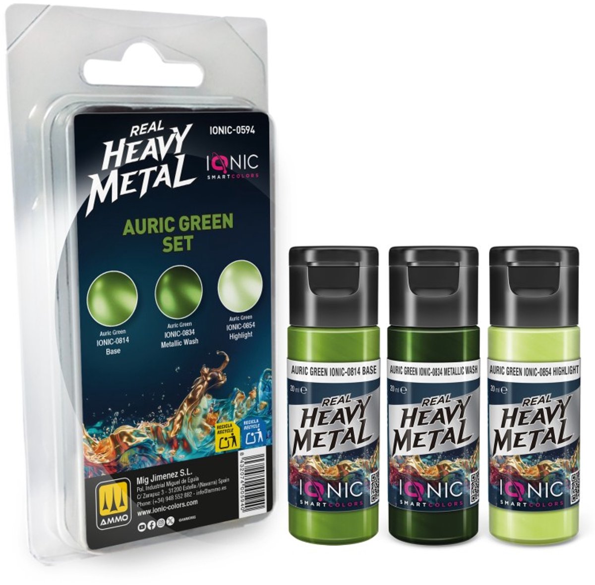 AMMO by Mig Jimenez Hobbyverf Acrylverf - MIG IO0594 Ionic Smart Colors - Real Heavy Metal - Goudgroen Kleurenset - Acryl Set 3x20 ml Verf set - 3x 20 ml
