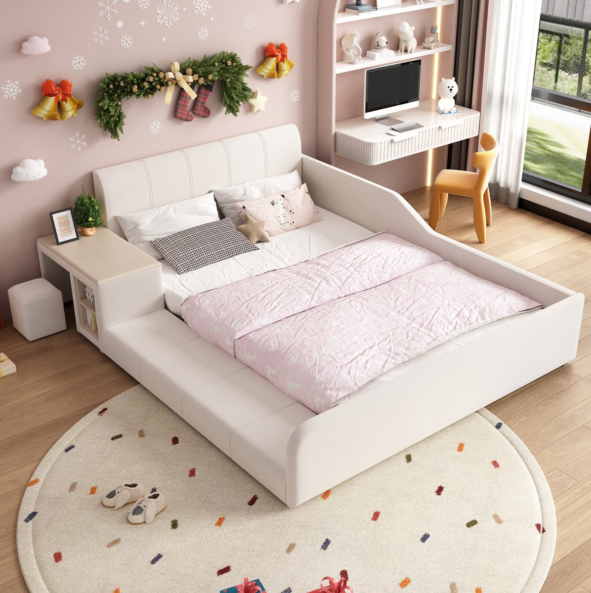 REDOM- Kinderbed - Met bureau en hocker - Met opberglade - Met lattenbodem - Stof - Wit - Voor kinderkamer - 140 x 200 cm