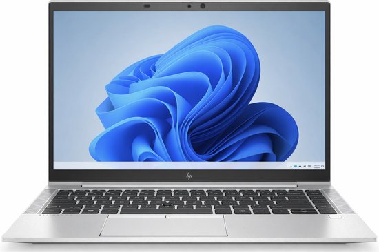 Zilverkleurige HP laptop, frontaal, met een open scherm waarop de Windows 11 wallpaper te zien is.