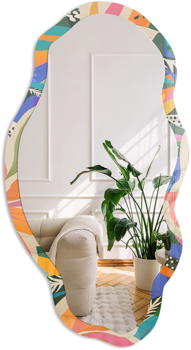 Coloray Exotische Bladeren Spiegel - Oranje Elegante Rechthoekige Wandspiegel - Organische Spiegel - Woonkamer - Abstract - 45x90 cm - Totale afmeting 52x97 cm
