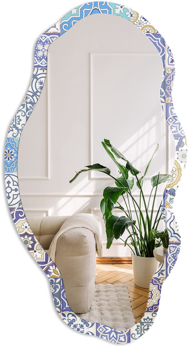 Coloray Origineel Mozaïek Spiegel - Blauw Stijlvolle Wandspiegel - Organische Spiegel - Keuken, Badkamer, Woonkamer - Geometrisch - 45x90 cm - Totale afmeting 52x97 cm