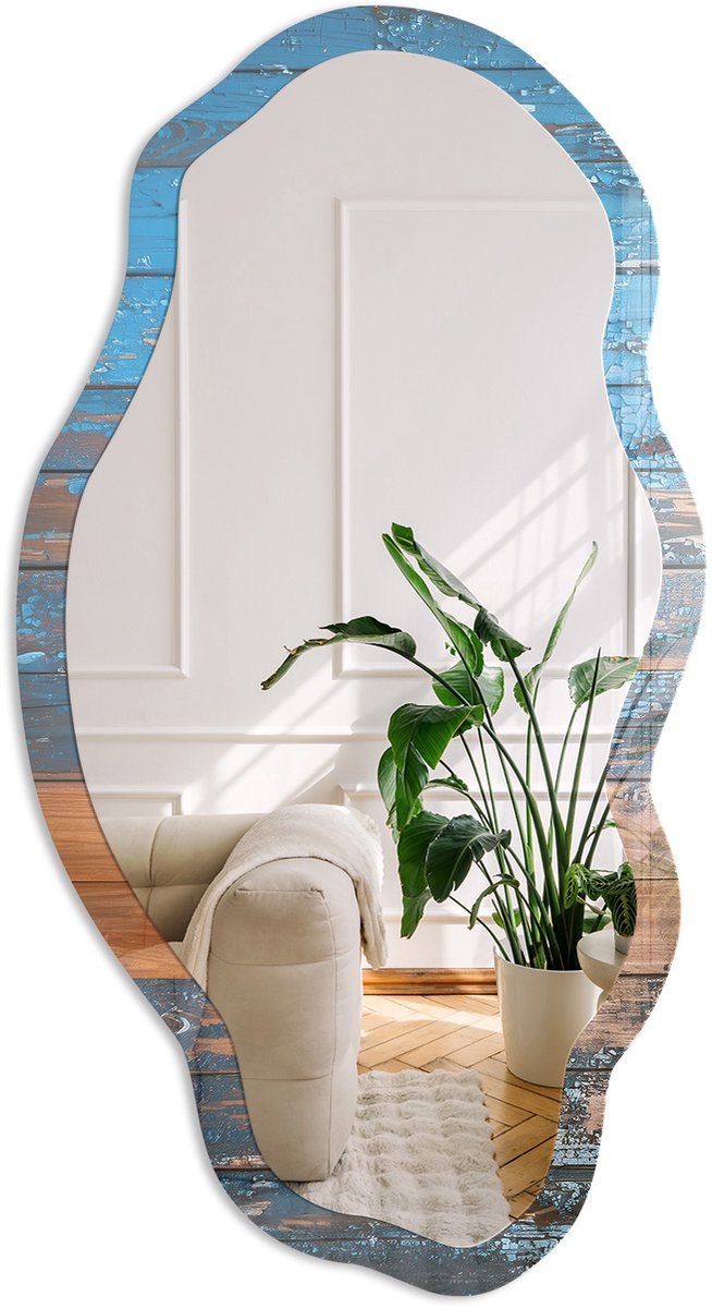 Coloray Houtstructuur Spiegel - Blauw Elegante Rechthoekige Wandspiegel - Organische Spiegel - Woonkamer, Kantoor, Hal - Rustiek - 45x90 cm - Totale afmeting 52x97 cm