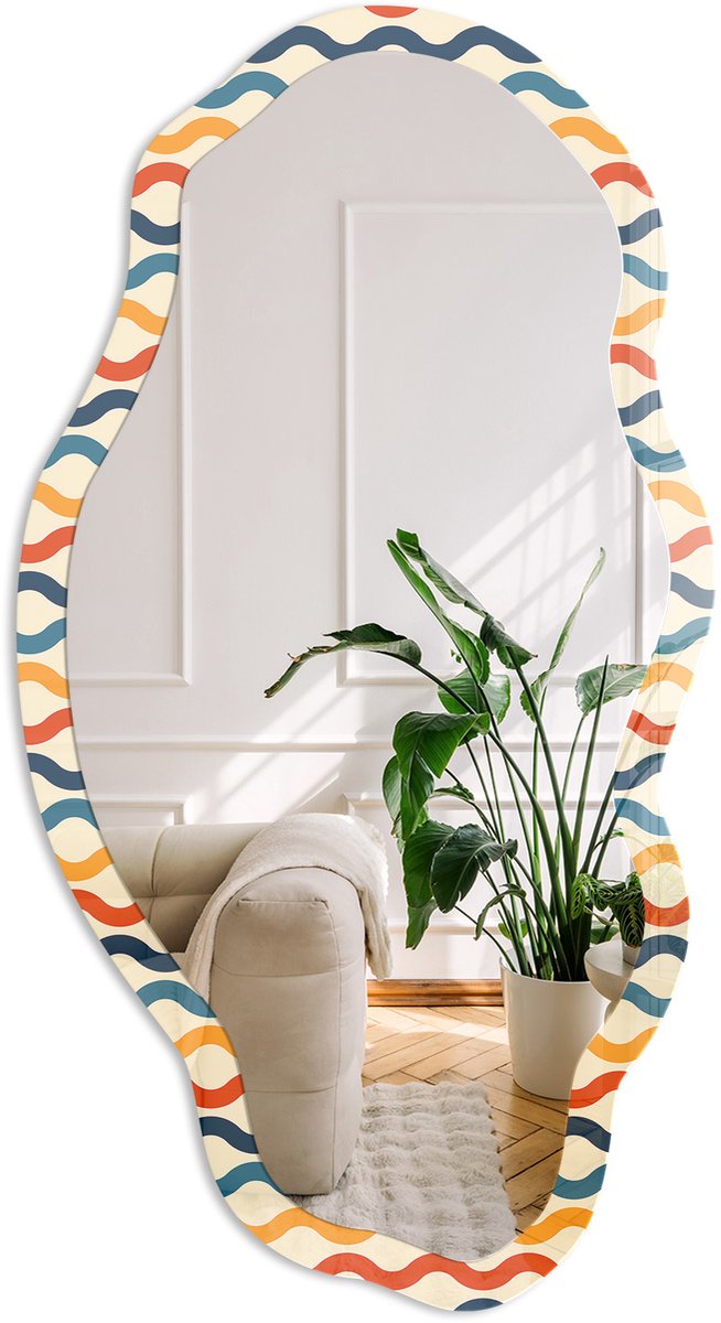Coloray Golfenergie Spiegel - Romig Elegante Rechthoekige Wandspiegel - Organische Spiegel - Woonkamer, Kantoor, Hal - Geometrisch - 45x90 cm - Totale afmeting 52x97 cm Golfenergie, Crème