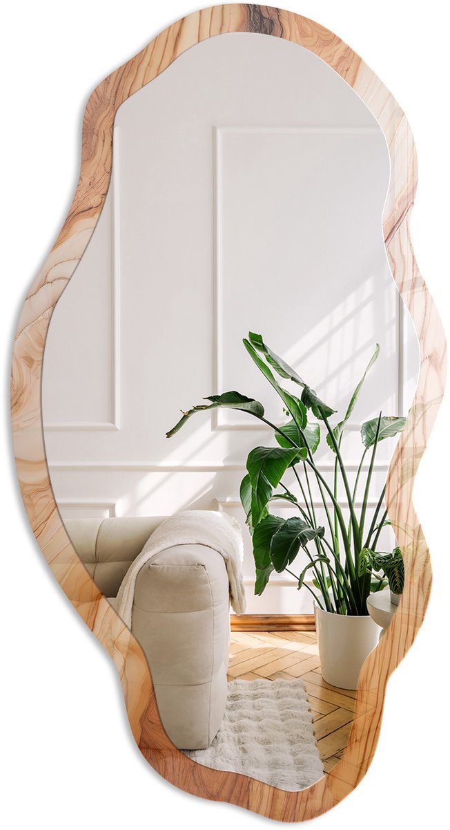 Coloray Houtstructuur Spiegel - Bruin Strakke Rechthoekige Spiegel - Organische Spiegel - Woonkamer - Rustiek - 45x90 cm - Totale afmeting 52x97 cm