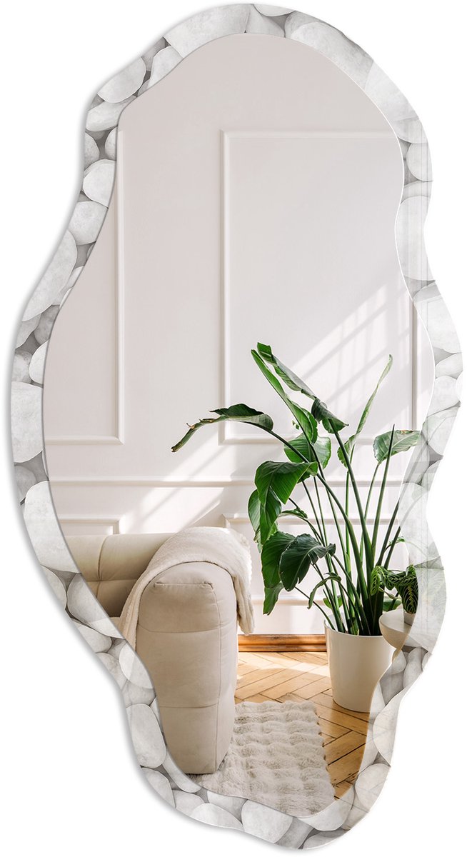 Coloray Heldere Stenen Spiegel - Wit Stijlvolle Wandspiegel - Organische Spiegel - Badkamer, Slaapkamer, Woonkamer - Minimalistisch - 45x90 cm - Totale afmeting 52x97 cm