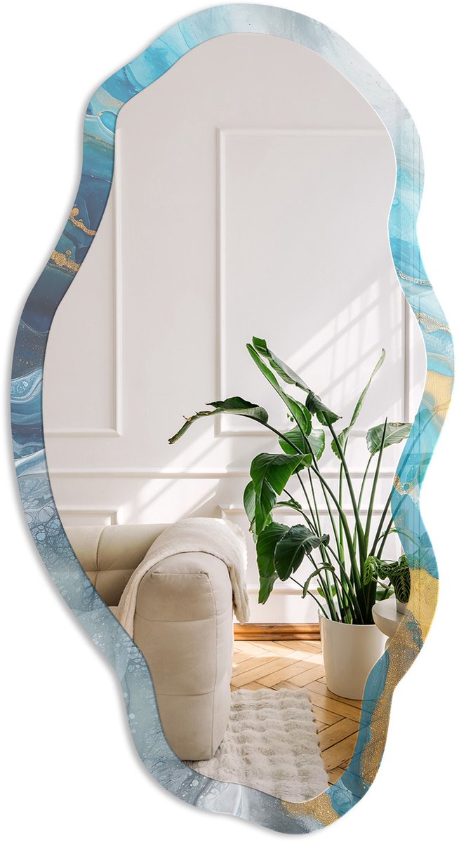 Coloray Dynamische Golven Spiegel - Turkoois Stijlvolle Wandspiegel - Organische Spiegel - Woonkamer, Kantoor, Slaapkamer - Abstract - 45x90 cm - Totale afmeting 52x97 cm
