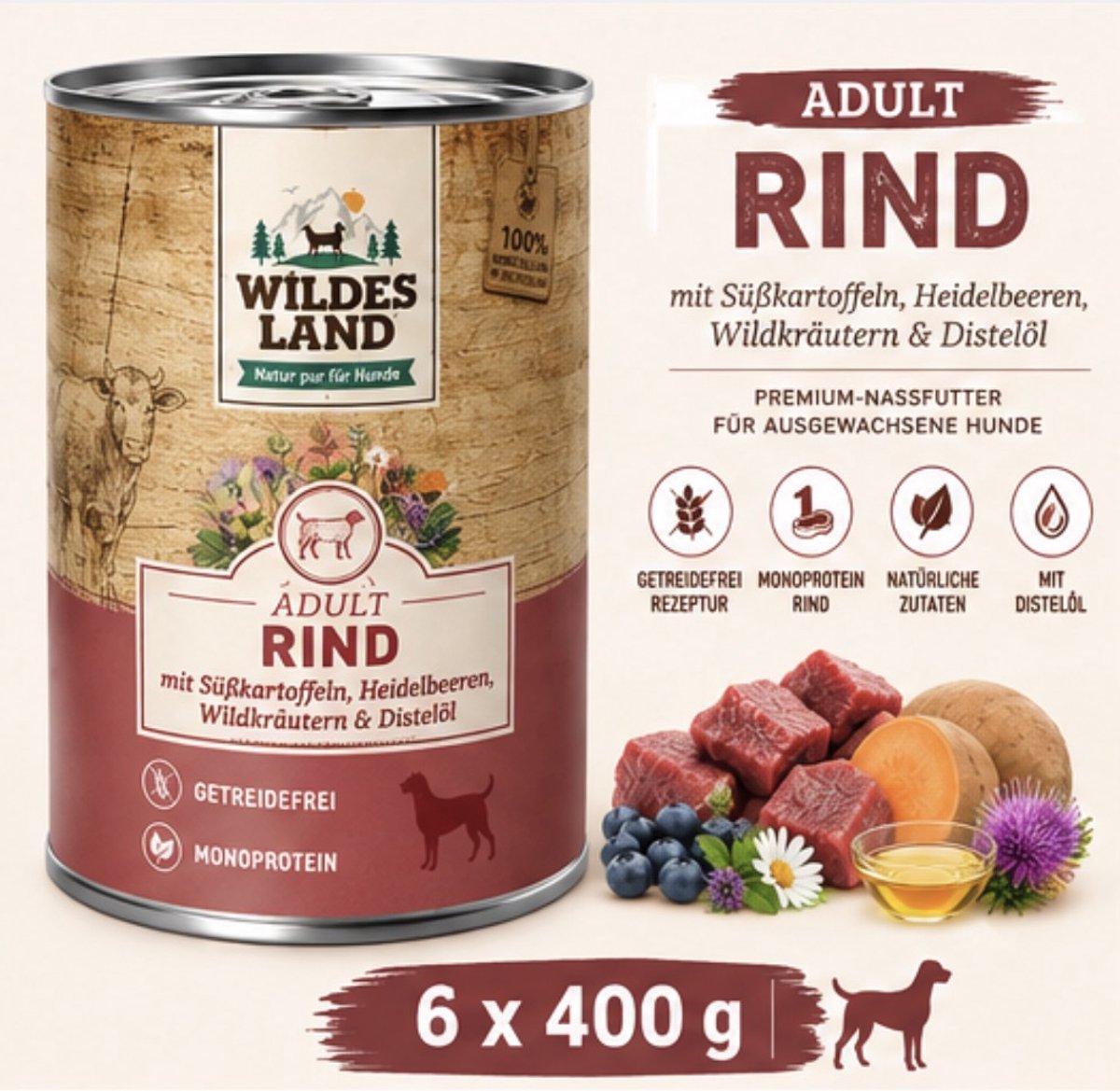 Wildes Land Wildes Land Dog Can Classic Puppy Rund met Zoete Aardappel & Appel - 6 x 400 g