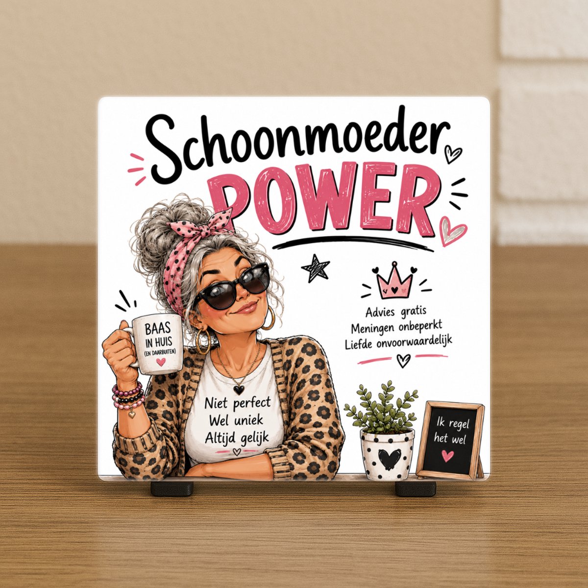 CreaCraft Spreuktegel “Schoonmoeder power” – Cadeau tegeltje – Trendy nu – Woondecoratie – familie, schoonmoeder – Zomaar – Incl standaard – Cadeau idee – Wenstegeltje