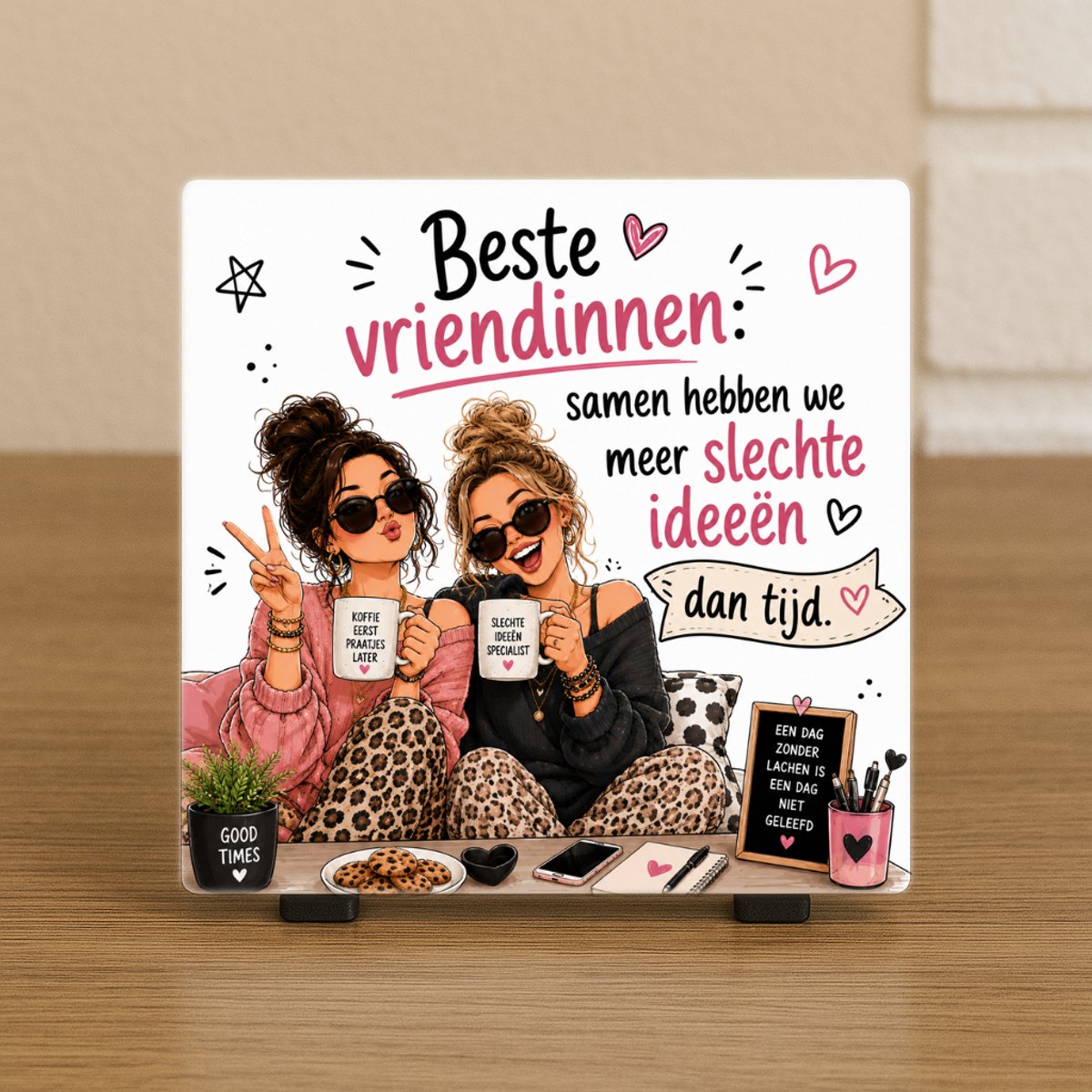 CreaCraft Spreuktegel “Beste vriendinnen: samen hebben wij meer slechte ideeën dan tijd.” – Cadeau tegeltje – Trendy nu – Woondecoratie – Vriend(in), familie, collega – Zomaar – Incl standaard – Cadeau idee – Wenstegeltje