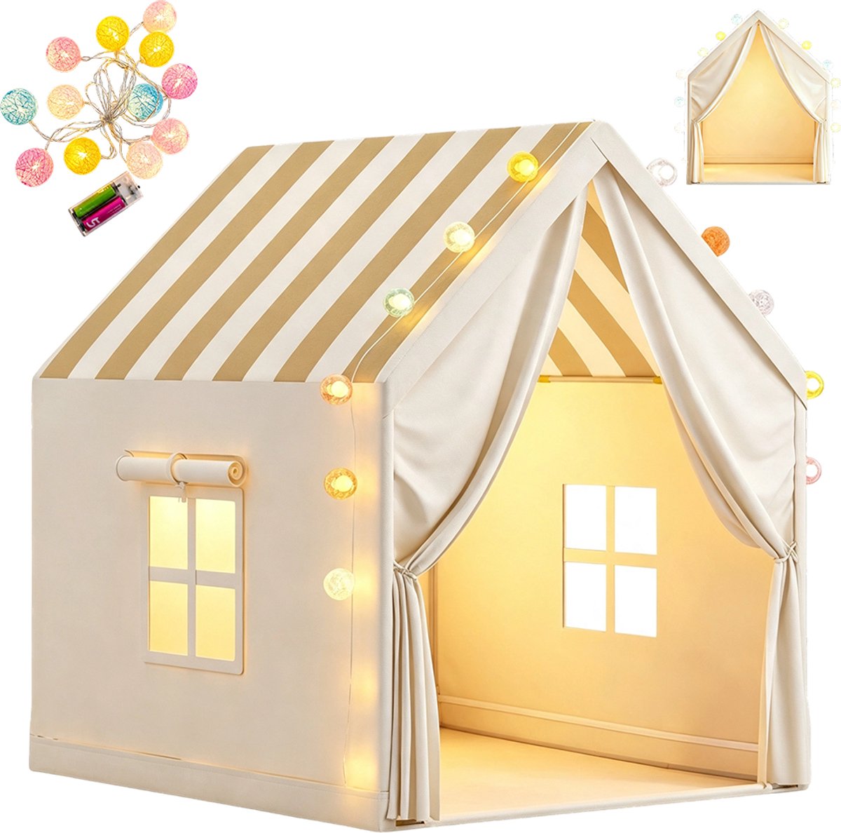 Speeltent Kinderen - Speelhuisje met Verlichting - Ruimte voor 2-3 Kinderen - 1 Deur en 2 Oprolbare Ramen - Metalen Frame en Wasbaar Polyester - Voor Spelen, Lezen en Ontspannen in de Kinderkamer