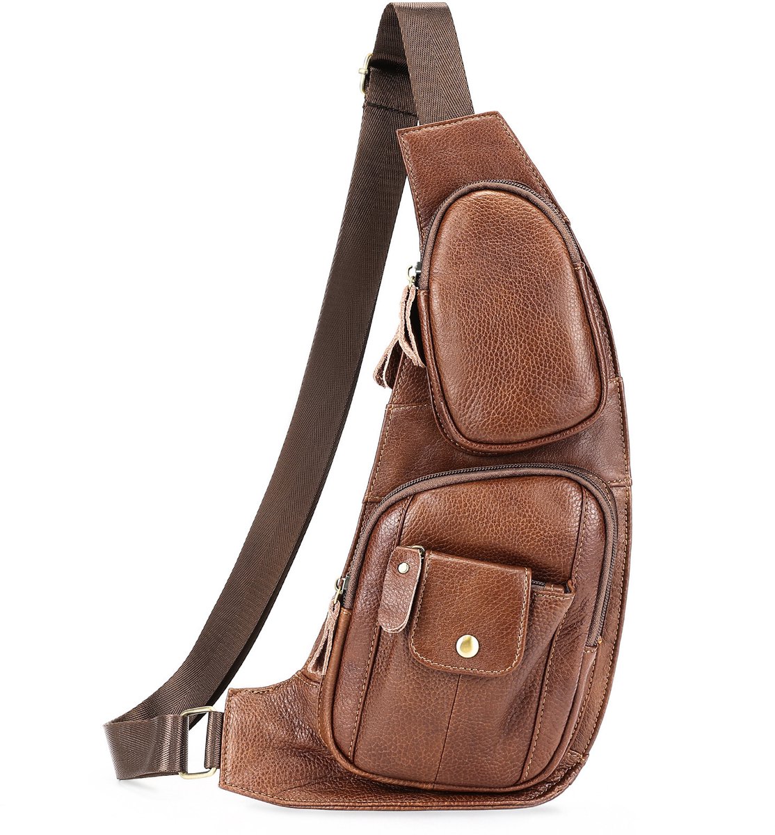 Borsttas voor heren - Retro sling tas van PU lederlook, meerdere opbergvakken met rits en drukknop, verstelbare schouderriem, waterafstotende dagtas voor dagelijks gebruik en reizen- bruin