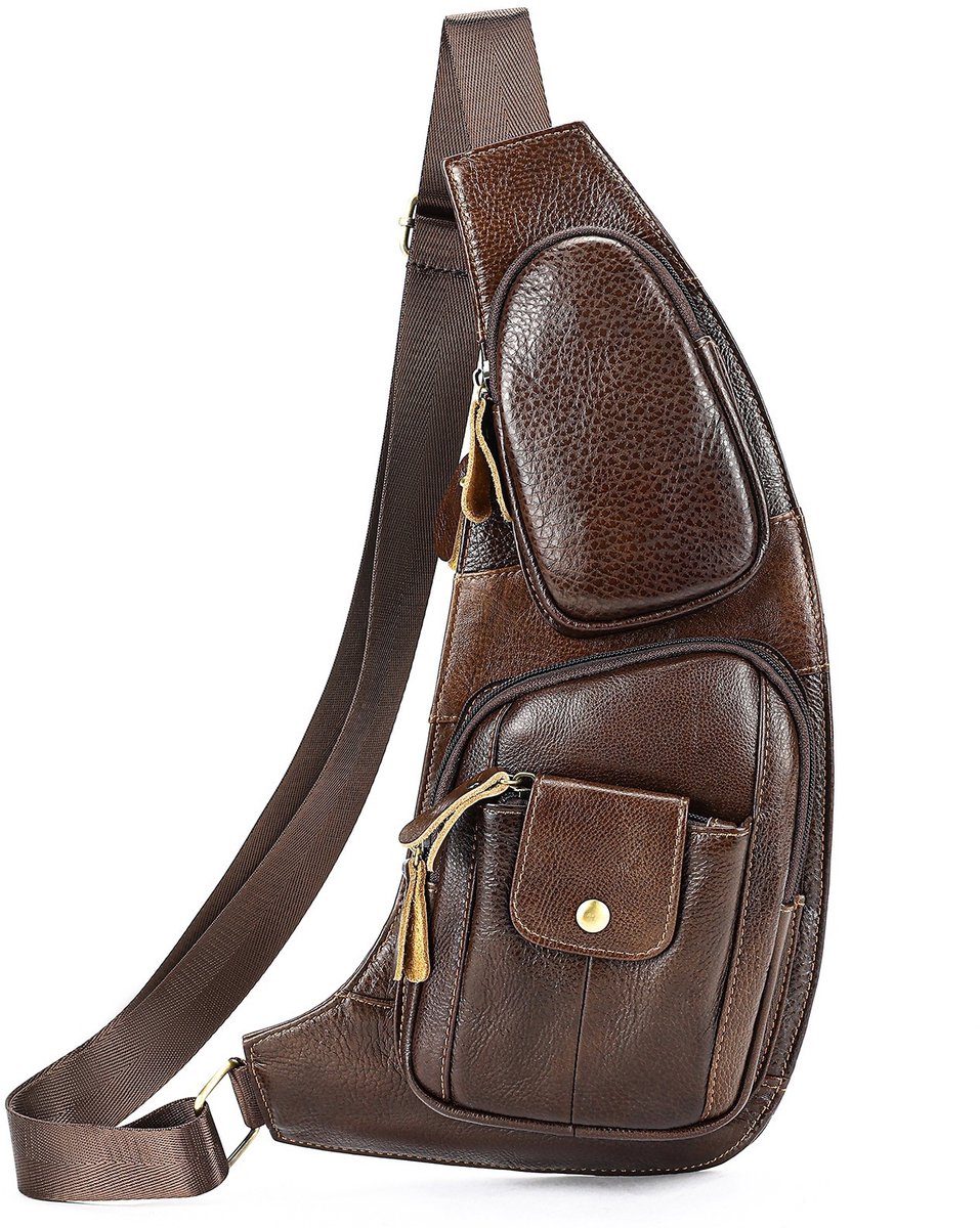 Borsttas voor heren - Retro sling tas van PU lederlook, meerdere opbergvakken met rits en drukknop, verstelbare schouderriem, waterafstotende dagtas voor dagelijks gebruik en reizen- Koffiebruin