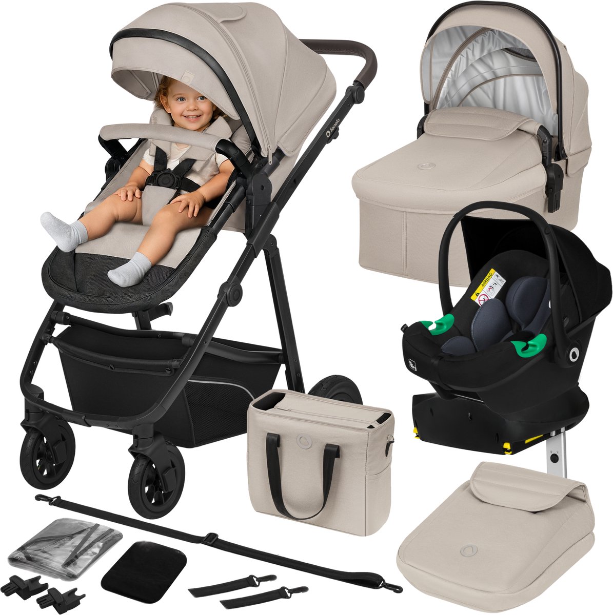 Lionelo Bianka - Kinderwagen 4 in 1 - incl. Autostoel & ISOFIX Basis - 0-22kg - XXL - Buggy 4in1 - Verstelbare Duwstang - Opvouwbaar - Accessoireset - XXL Zonnekap - Gelagerde Wielen - Reiswieg - Volledige Vering