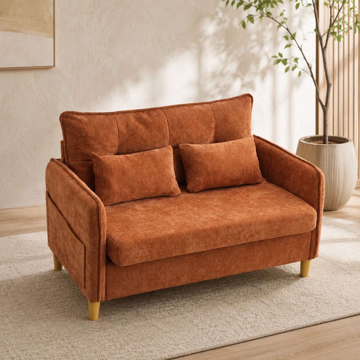 Welltin Tweezitsbank - 2-zits bank - Comfortabele zitbank - Kleine Sofa - 127x75x83 cm - Zacht zitkussen - Met zakken aan de zijkant - Met armleuningen - Chenille - Geschikt voor kantoren, woonkamers en studeerkamers - Bruin