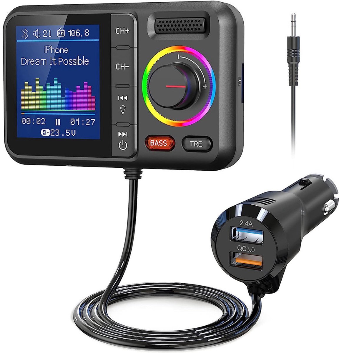 Namajunas - Bluetooth FM Transmitter - Bluetooth-Adapter - Bluetooth V5.0 - groot scherm - ondersteunt handsfree bellen - Siri en Google - MP3-muziekweergave - subwoofer en TRE-uitbreiding - TF-kaart/AUX