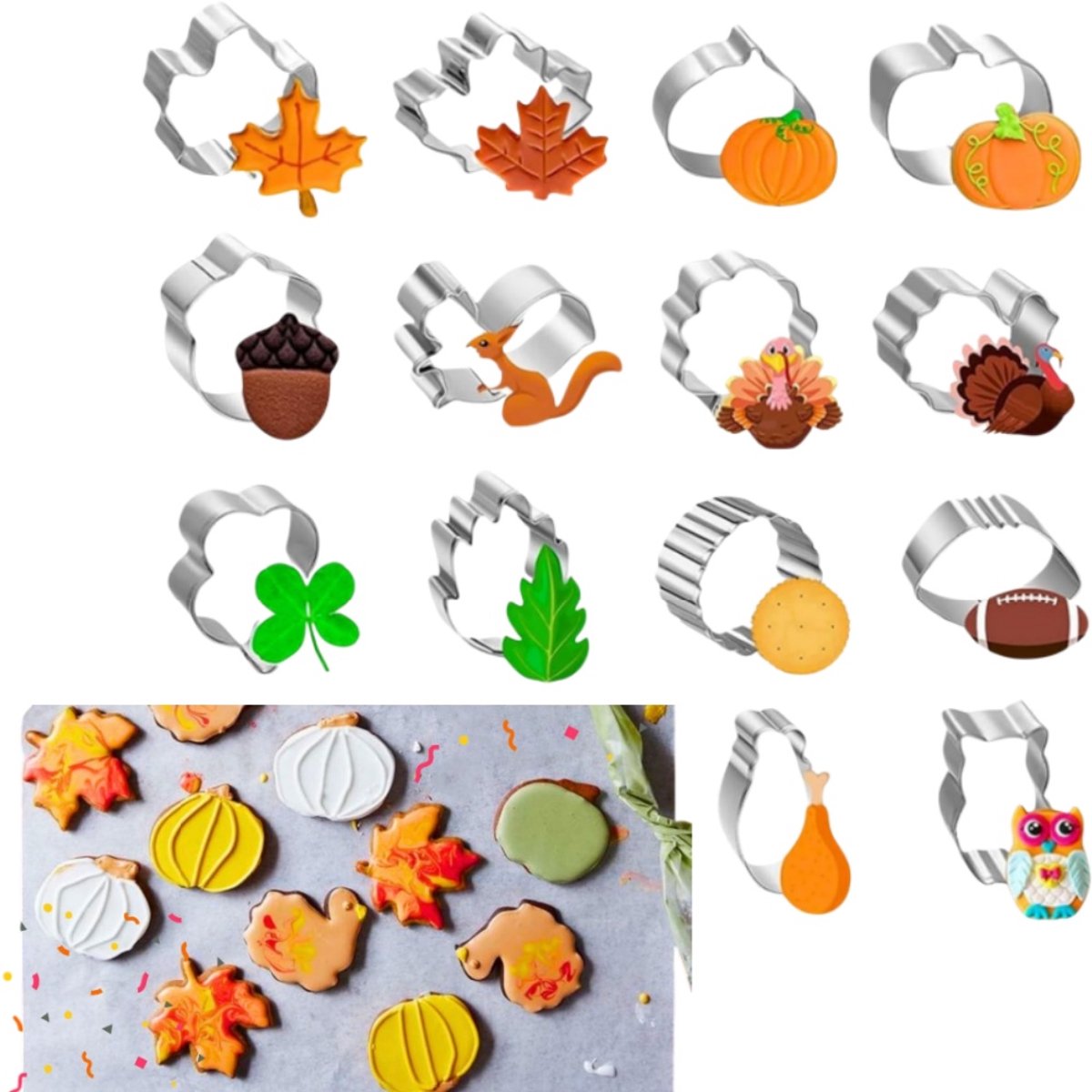 14-delige mini-koekjesvorm voor Thanksgiving - Roestvrij staal - Gebakvorm - Koekjesvormpje - 2,5 cm - Voor thuisbakken en feestelijke lekkernijen - Zilver