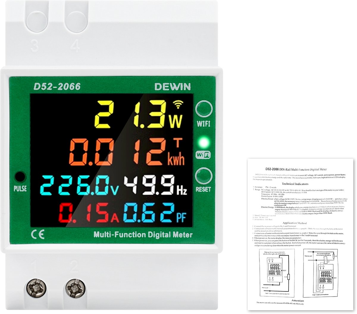 DEWIN 6-in-1 WiFi energiemeter - DIN-rail - 40-300 V AC / 100 A - Tuya - interne CT