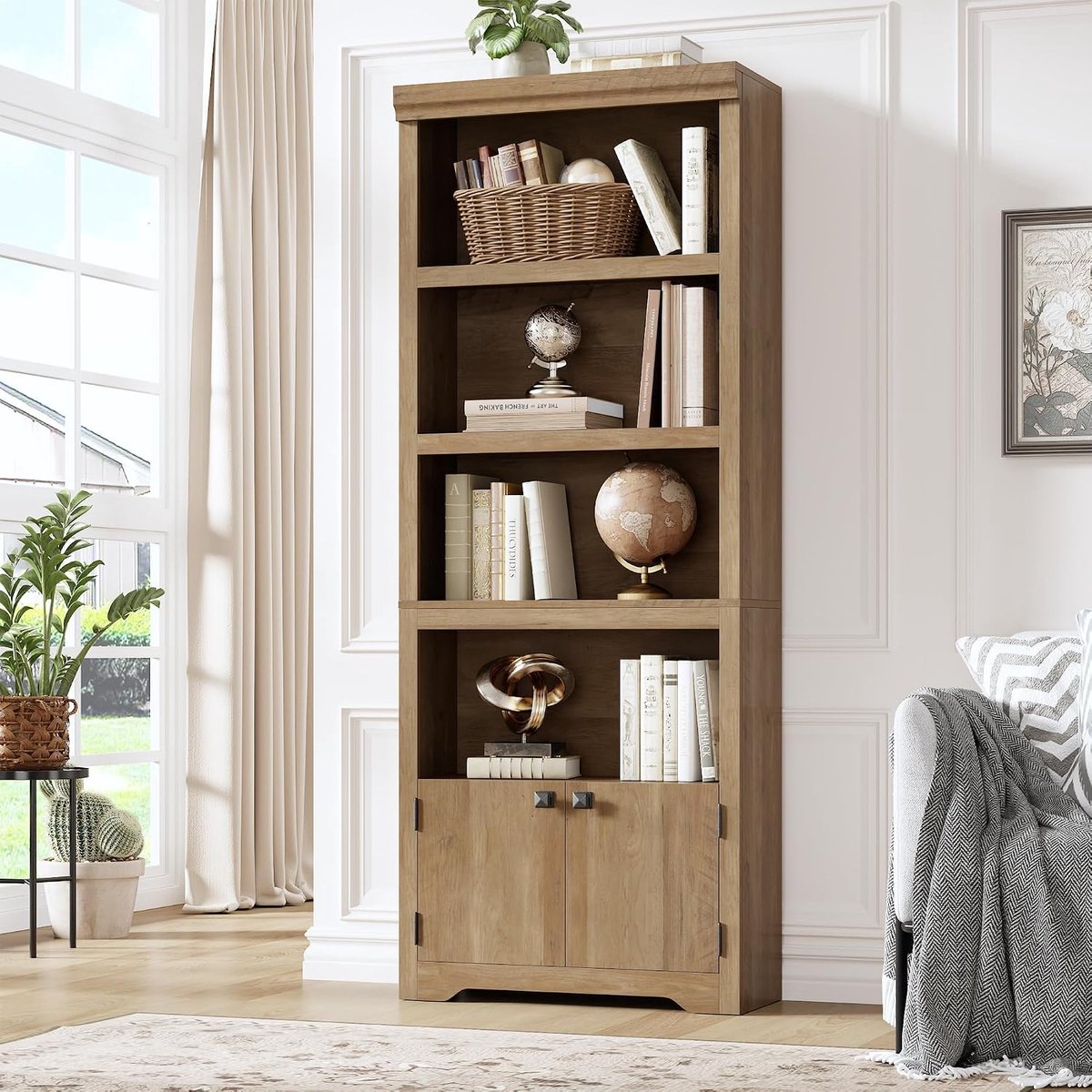 Boekenkast Hoog 5 Lagen met 2 Deuren - 60x29.5x174.5cm - Verstelbare En Uitneembare Planken - Vintage Open Opbergkast - Voor Kantoor Woonkamer - Bruin