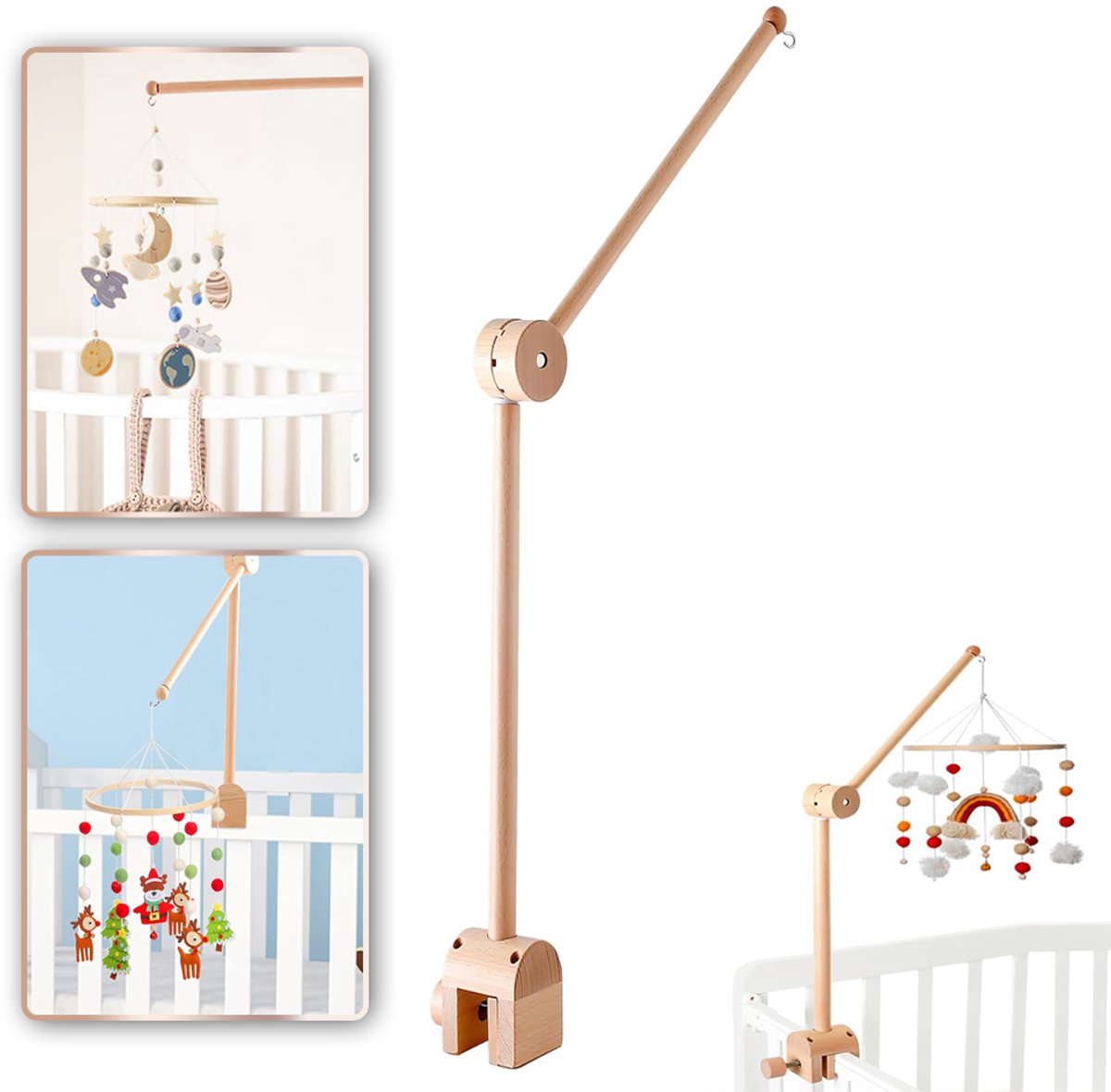 360° Draaibare Wieg Mobiel Houder - In Hoogte Verstelbaar Naturel Beukenhout Clipbevestiging Gladde Afwerking - Doe-Het-Zelf Ophanghouder Voor Babyspeelgoed En Babykamerdecoratie - Houtkleur