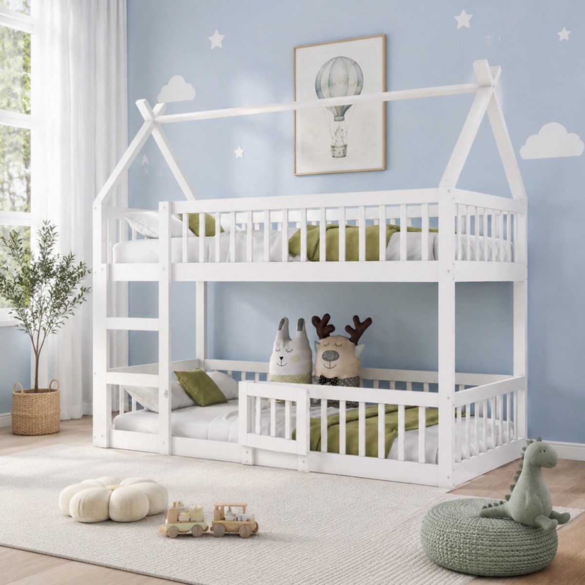 DESMIU Kinderhoogslaper 90x200cm - Hoog Bed Met Trap En Veilig Omheining - Multifunctioneel Speel En Opberggedeelte - Voor Kinderkamer - Hout - Wit - Zonder Matras