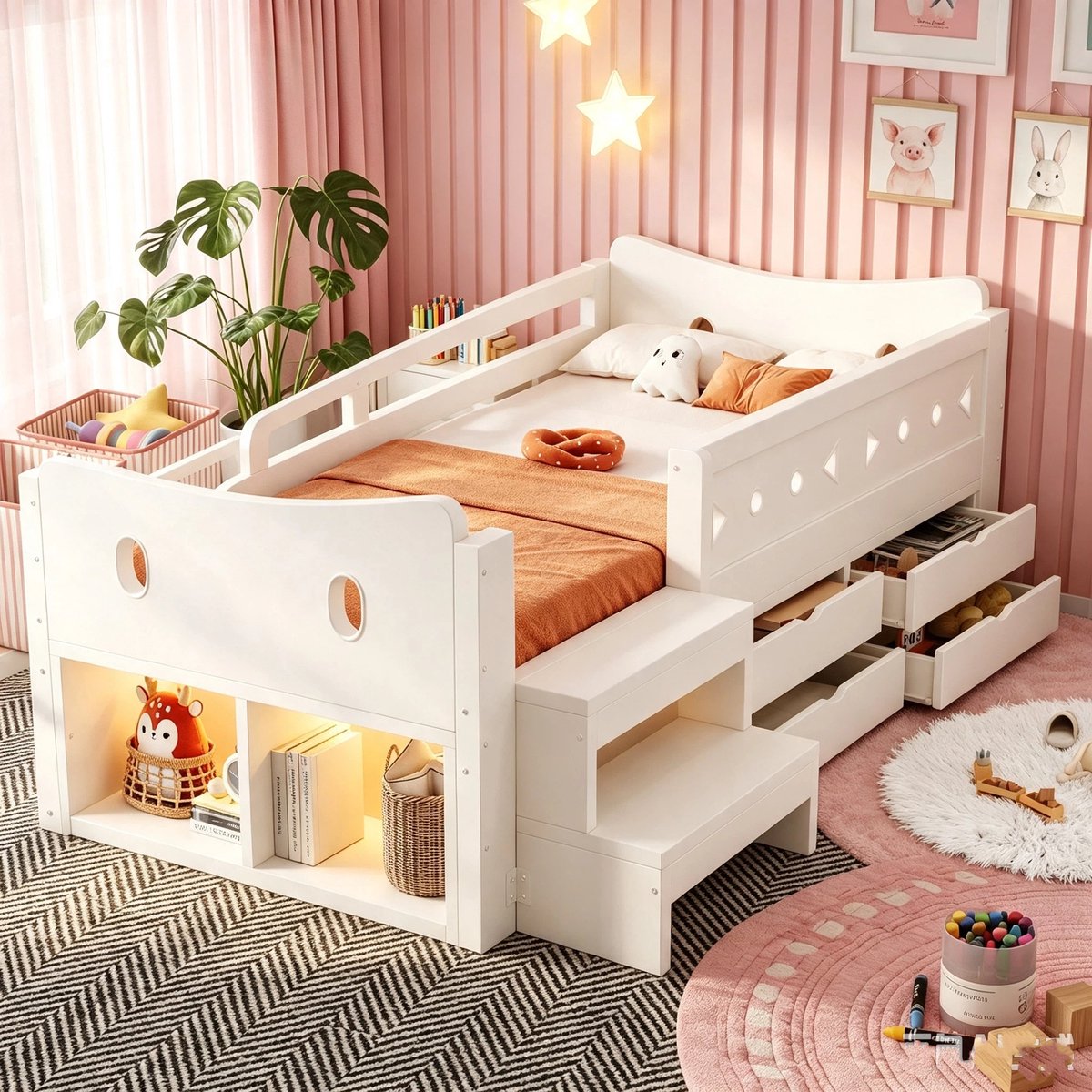 Kinderbed 90 × 200 cm Met Uniek Hoofdeinde, Eenpersoonsbed, Voorzien Van Opbergvakken, Lades En Veiligheidshekjes, Met Ledverlichting En USB- En Type-C-Oplaadpoorten, Eenpersoonsbed, Wit