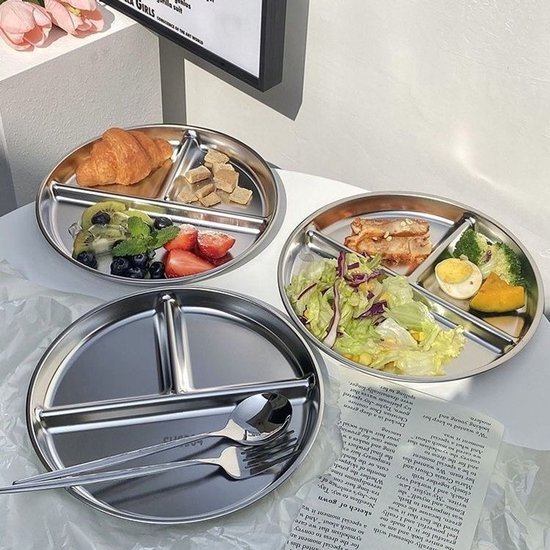 Bobypet - Vakkenbord - set van 4 RVS kinderborden 20 cm - portiecontrole bord voor kinderen, volwassenen en camping — afbeelding 2