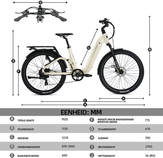 TTGO E-SUVO Elektrische Fiets - 250W Motor - 48V 15Ah Accu - 100-120 km Bereik - 27.5" × 2.4" Banden - Hydraulische Schijfremmen - Shimano 7s - Beige van TTGO — afbeelding 3