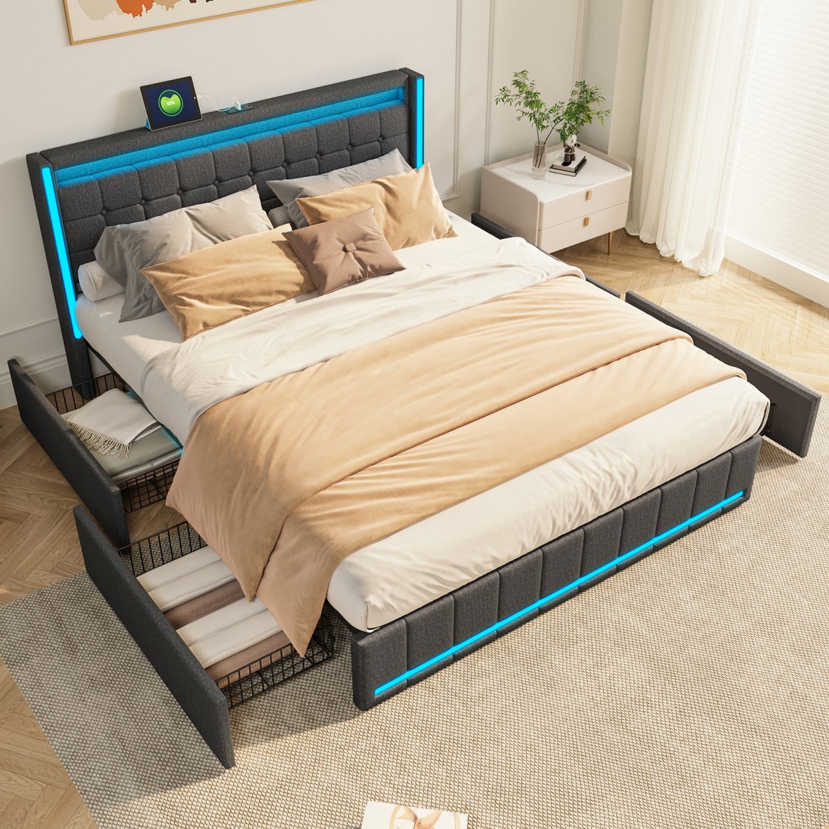 Volwassen bed 140x200 cm, tweepersoonsbed met LED-verlichting, 4 opberglades en gecapitonneerd hoofdbord, lattenbodem, linnen, donkergrijs, zonder matras