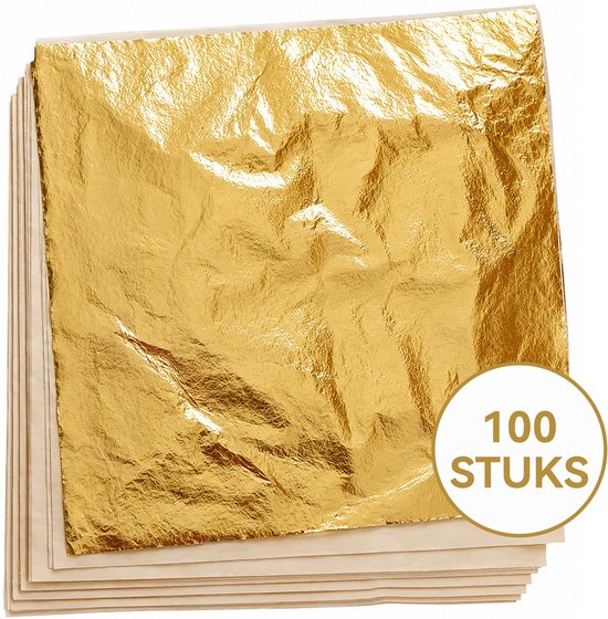 Stapel goudkleurig imitatie bladgoud met cirkelvormige aanduiding '100 STUKS'.