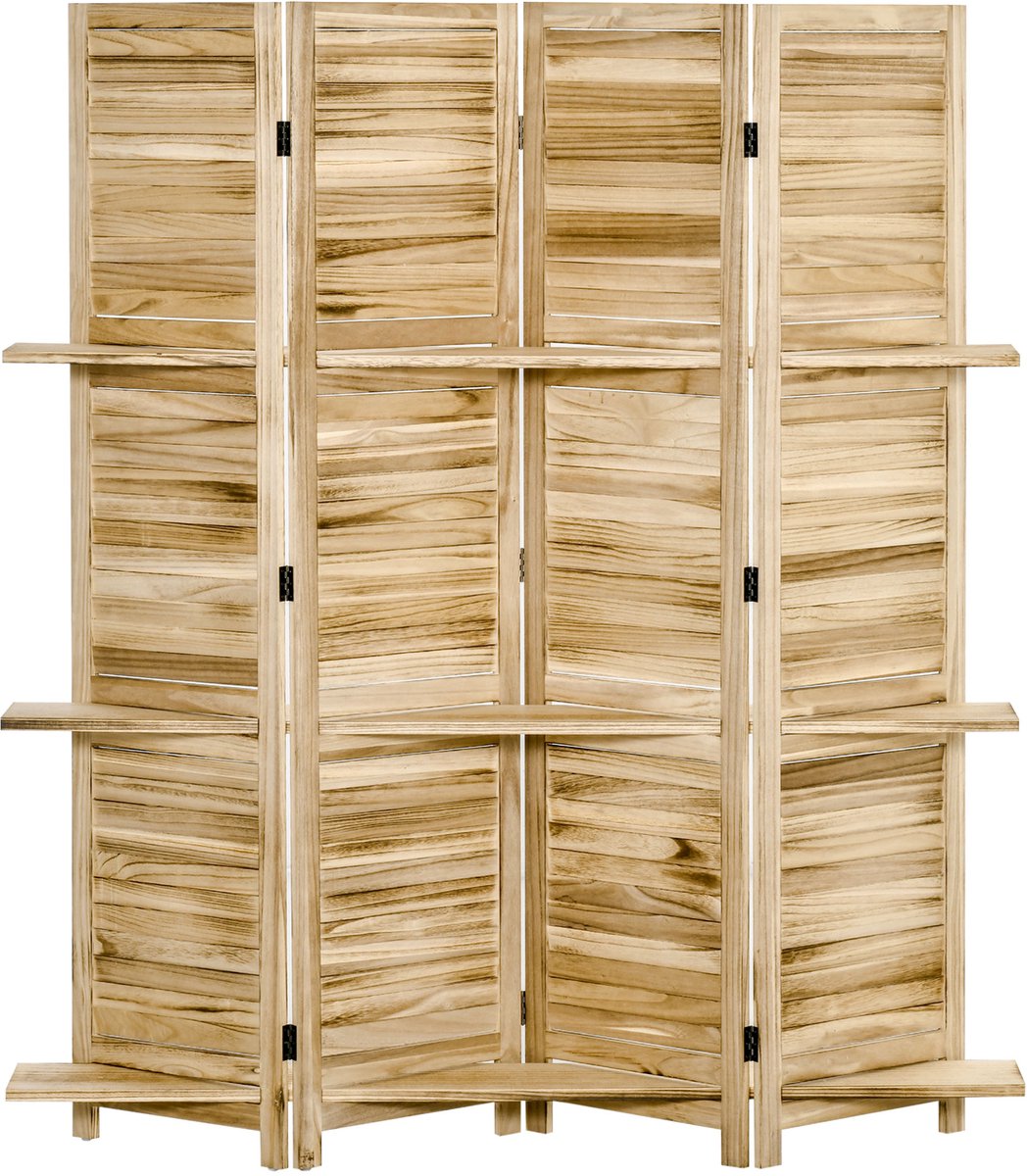 Kamerscherm 4 panelen- hout - - 162 x 180 cm - dennenhoutnerf - onder druk geïmpregneerd - Opvouwbare ruimteverdeler met 3 planken