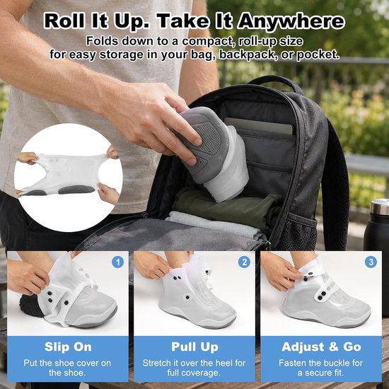 Overschoenen / Regenschoenen - Maat L （38 t/m 43）- Waterdicht - Antislip - TPE - Verstelbare Gesp - Versterkte rubberen antislipzool - herbruikbare - eco - Unisex - Voor Wandelen, Fietsen, Woon-werkverkeer & Outdoor - voor regen, sneeuw - wit — afbeelding 5