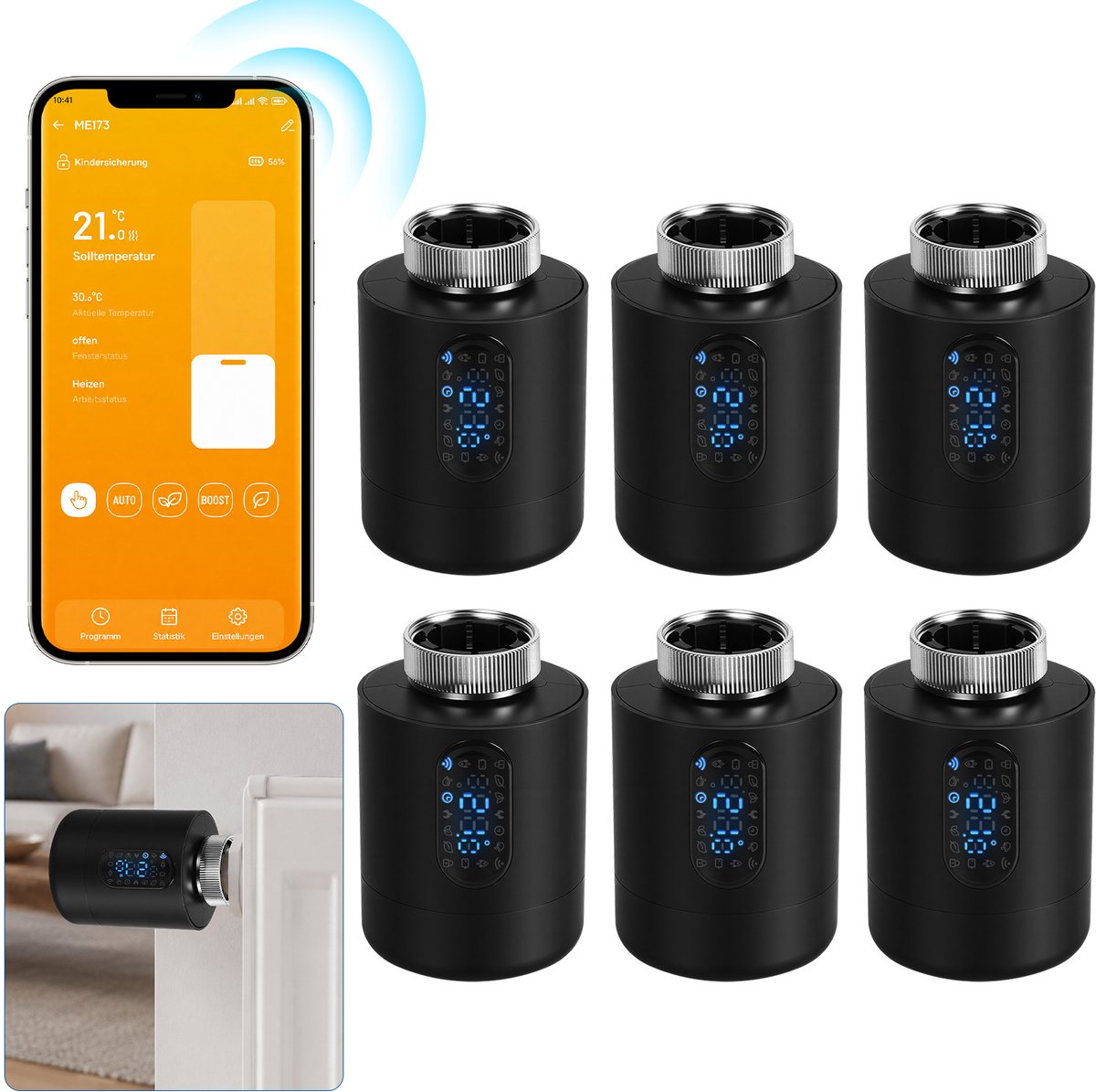 Slimme Thermostaatkraan voor Radiator – WiFi, App en 6 Modi – Zwart – 6-pack