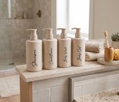 Zeepdispenser Set 4-delig - 300 ml - Met Pompje & Etiketten - Herbruikbare Pompflesjes voor Shampoo, Conditioner & Douchegel - Duurzaam Tarwestro - Beige