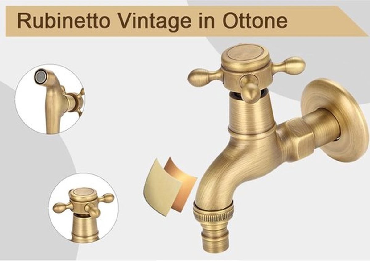 Waterkraan - Massief messing - Vintage - Wandmontage - Tuin - Milieuwasmachine - Geschikt voor wasmachine