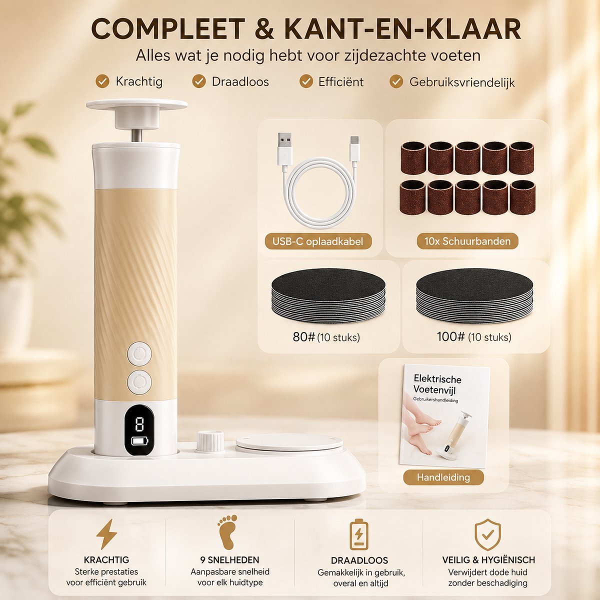 CACCIO® Elektrische eeltverwijderaar – voetvijl – eelt verwijderen – voetverzorging – elektrische voetrasp – pedicure – 9 snelheden – oplaadbaar.