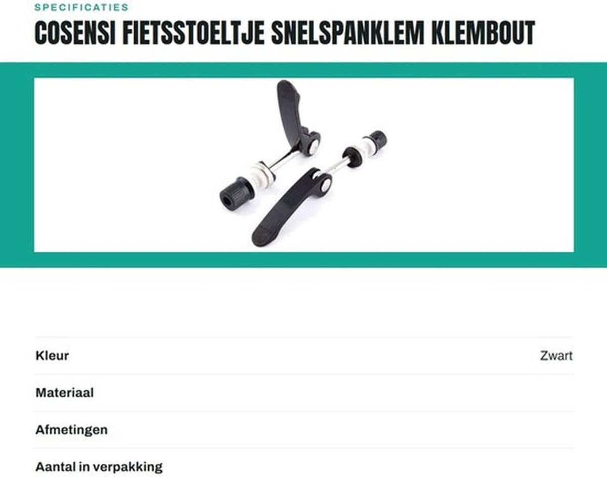 Fietsstoeltje Professionele Klem - Zadelpenklem - Aluminiumlegering - Snelsluiting - Zwart - Afmetingen 5 mm x 60 mm - Zadelklem
