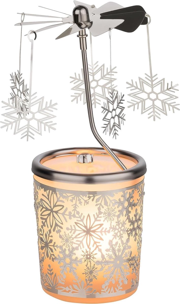 Windlicht van glas - Zilver - 15 cm - Met Draaicarrousel en Theelicht - Voor Advent en Kerstdecoratie