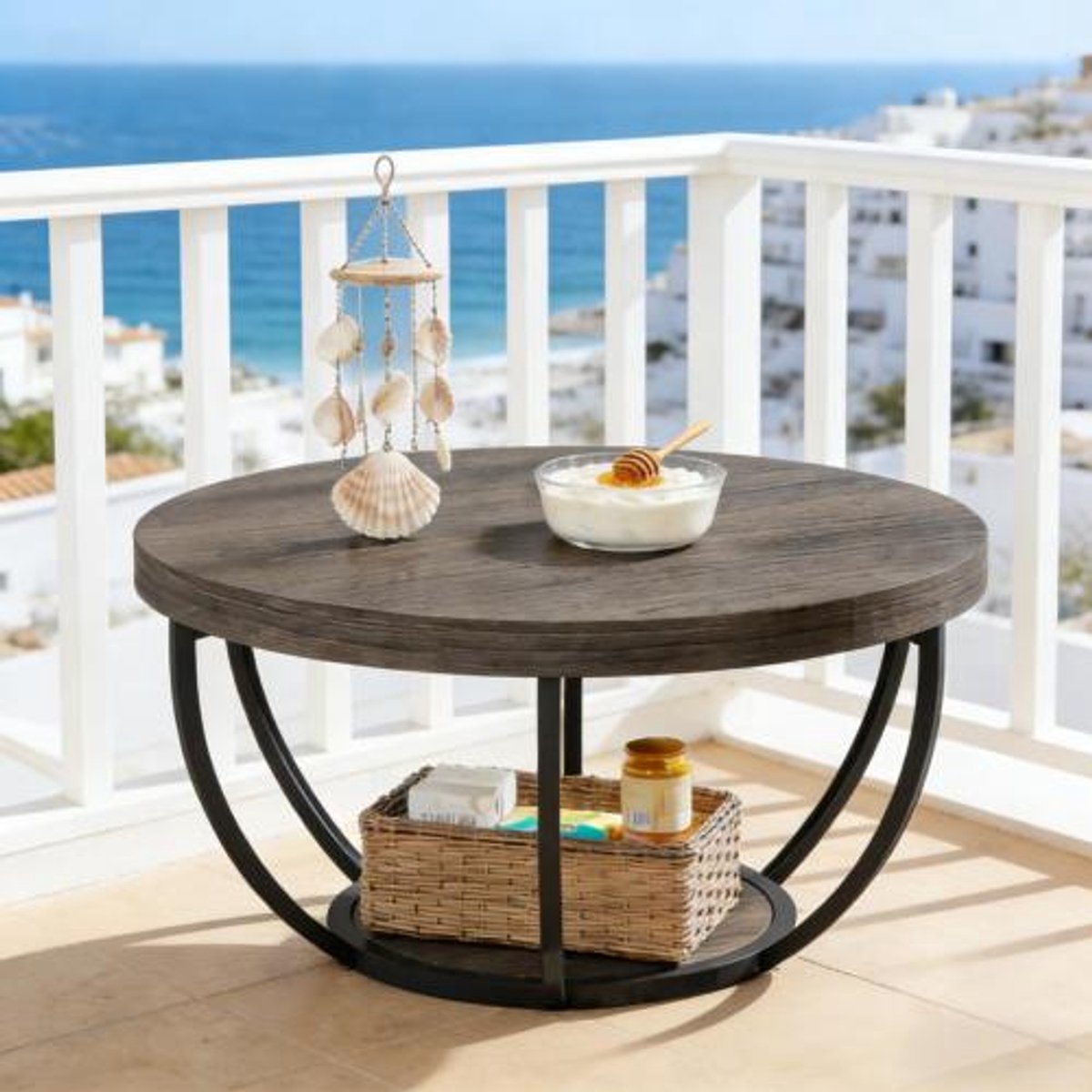 Wishdor Ronde salontafel - 2-laags ontwerp - Metalen frame - Modern - Woonkamer, kantoor en ontvangstruimte - Houtlook - Grijs - 80 cm