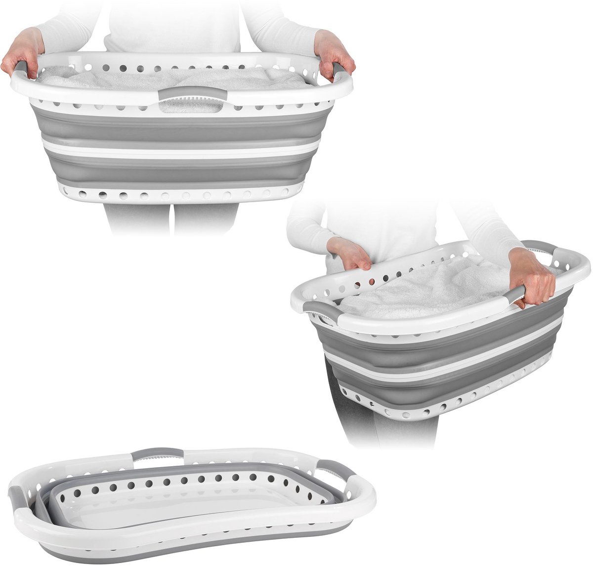 Famanu – Opvouwbare heupknuffelwasmand, 37 liter, grijs, met antislip handgrepen en ontwerp