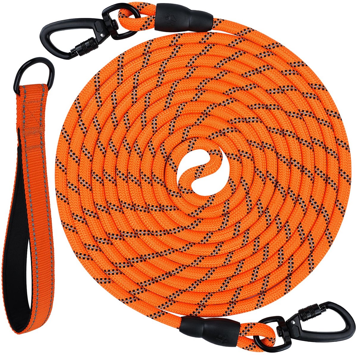 Famanu – Gewatteerde handgreep hondenriem, lange trainingslijn van 5 m, 10 m, 15 m of 20 m, ideaal voor spelen, trainen en kamperen, oranje