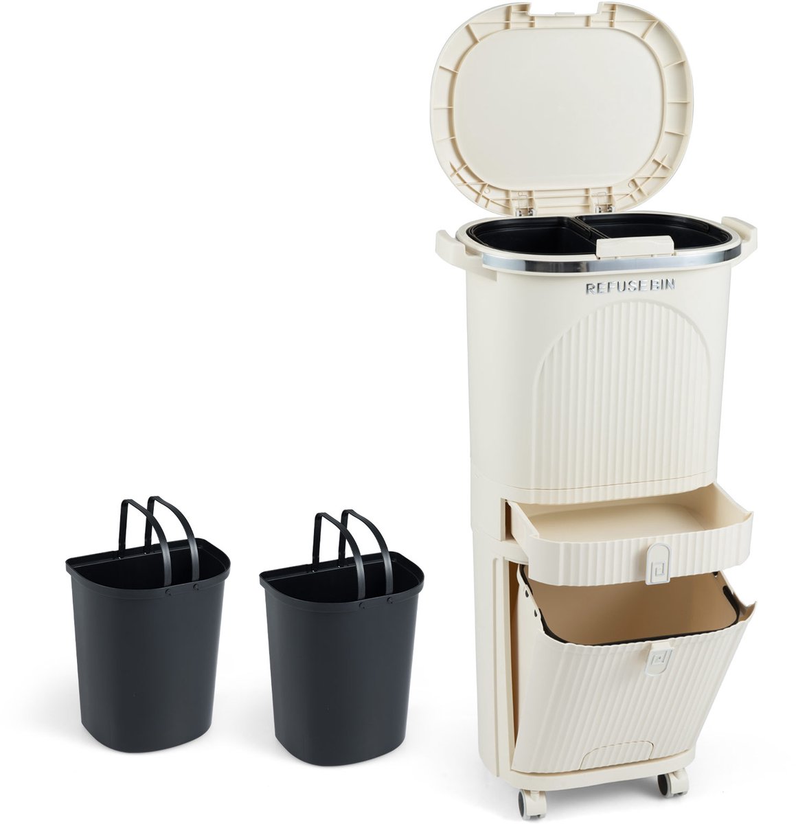 COSTWAY Vuilnisemmer keuken, afvalscheidingssysteem, 3 vakken, 2 x 12 l binnenemmer en 14 l pedaalemmer met wielen, lade, deksel, pedaal en haken, pedaalemmer afvalverzamelaar voor keuken, badkamer