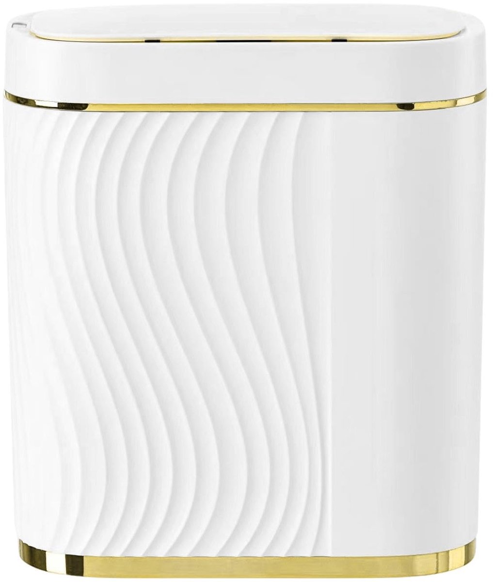 Slimme Sensor Prullenbak 8 Liter - Automatische Afvalemmer met Deksel - IPX5 Waterdicht - Smal Design - Wit met Gouden Rand - Sensor Prullenbak Badkamer & WC